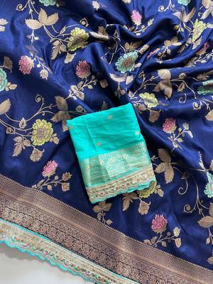 navy blue dola silk blend zari weaving saree 4