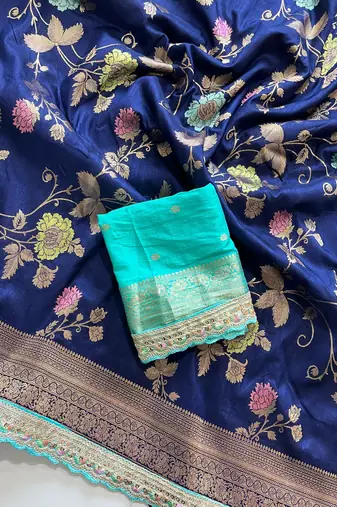 navy blue dola silk blend zari weaving saree