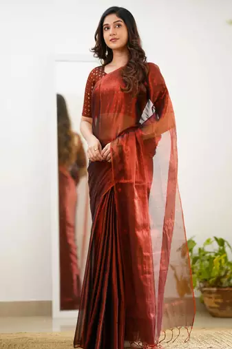 Trendmalls Trendmalls Red tissue cotton handloom saree with unstitched blouse piece
