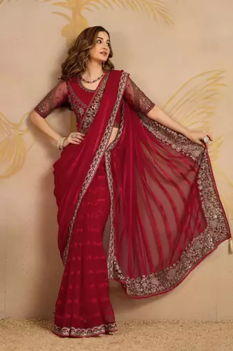 Trendmalls Red chiffon embroidered saree with blouse piece