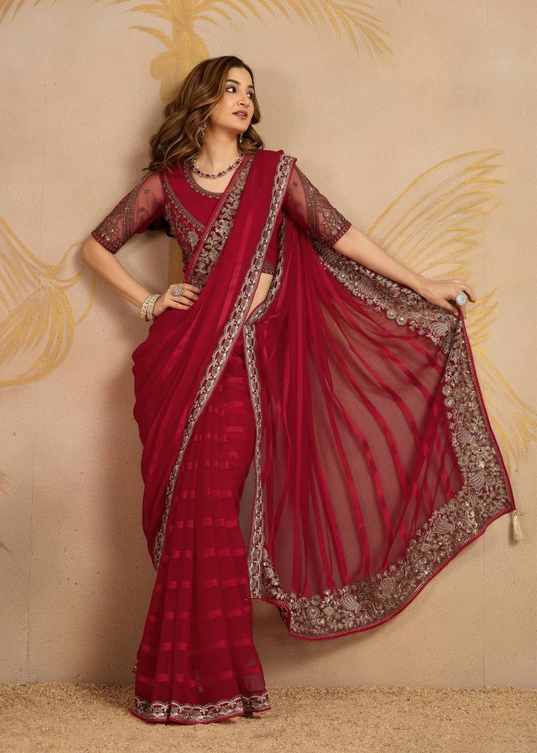 Trendmalls Red chiffon embroidered saree with blouse piece