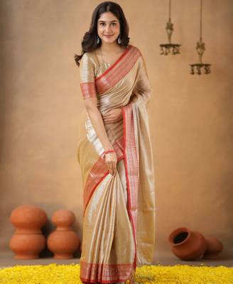 Beige red tissue cotton handloom saree with unstitched blouse piece 6