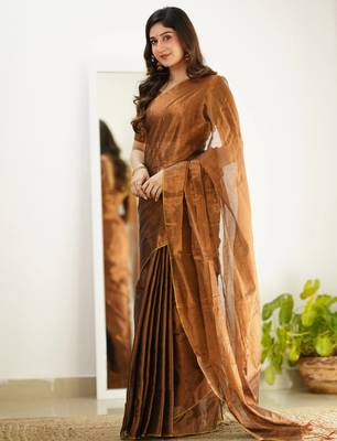 Copper tissue cotton handloom saree with unstitched blouse piece 6