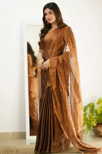 Copper tissue cotton handloom saree with unstitched blouse piece