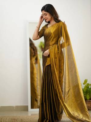 Trendmalls Gold tissue cotton handloom saree with unstitched blouse piece 6