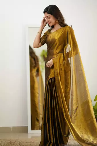 Trendmalls Gold tissue cotton handloom saree with unstitched blouse piece
