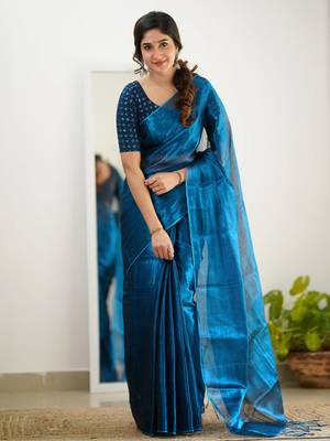 Trendmalls Morpeach tissue cotton handloom saree with unstitched blouse piece 6