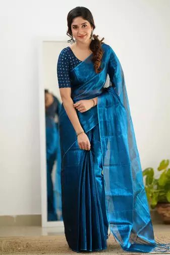 Trendmalls Morpeach tissue cotton handloom saree with unstitched blouse piece
