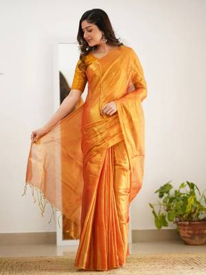 Orange tissue cotton handloom saree with unstitched blouse 4