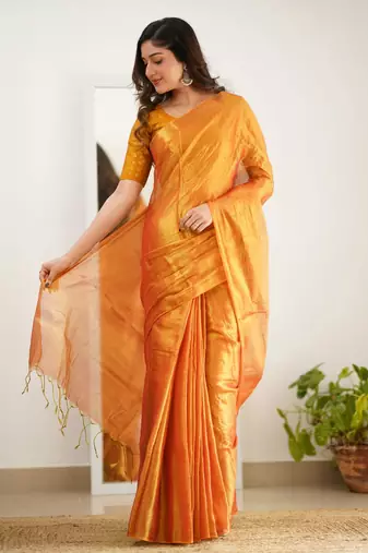 Orange tissue cotton handloom saree with unstitched blouse