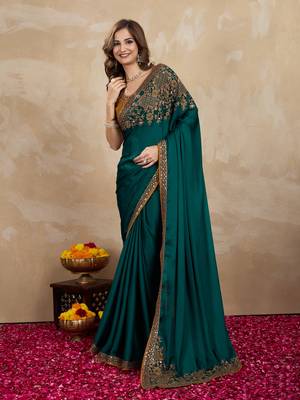 Trendmalls Green satin embroidery border saree with blouse piece 6