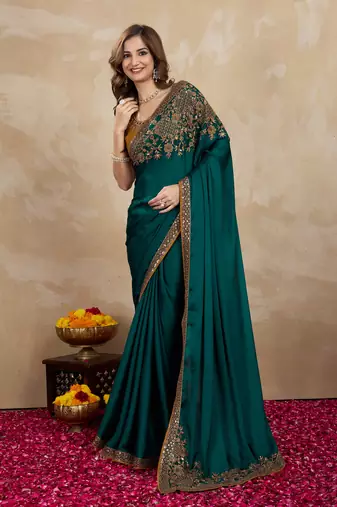 Trendmalls Green satin embroidery border saree with blouse piece