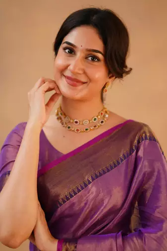 Trendmalls Trendmalls Purple tissue cotton handloom saree with unstitched blouse
