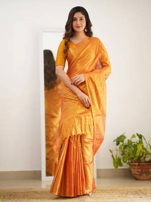 Orange tissue cotton handloom saree with unstitched blouse 5