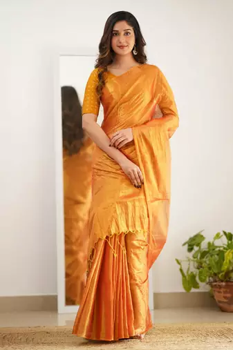 Orange tissue cotton handloom saree with unstitched blouse