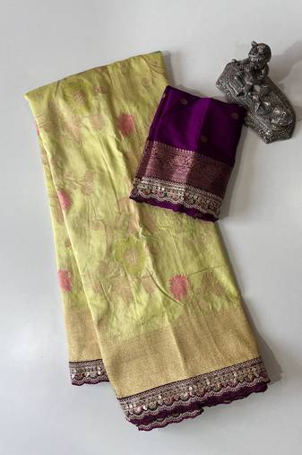 parrot green dola silk blend zari weaving saree