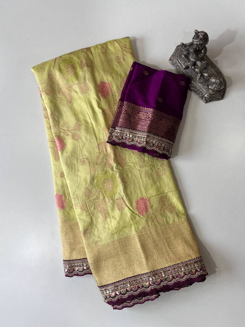 parrot green dola silk blend zari weaving saree