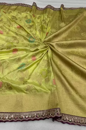 parrot green dola silk blend zari weaving saree