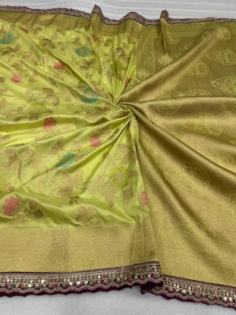 parrot green dola silk blend zari weaving saree