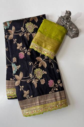 black dola silk blend zari weaving saree