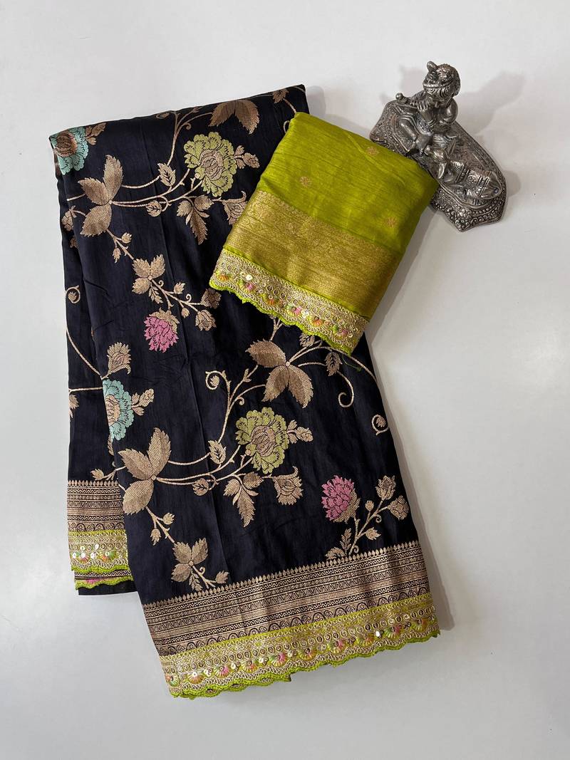 black dola silk blend zari weaving saree