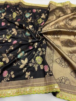 black dola silk blend zari weaving saree 2
