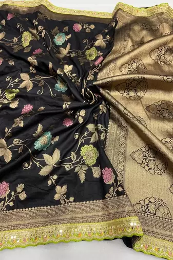 black dola silk blend zari weaving saree
