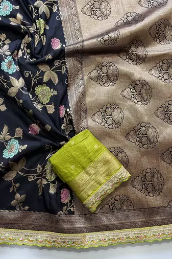 black dola silk blend zari weaving saree