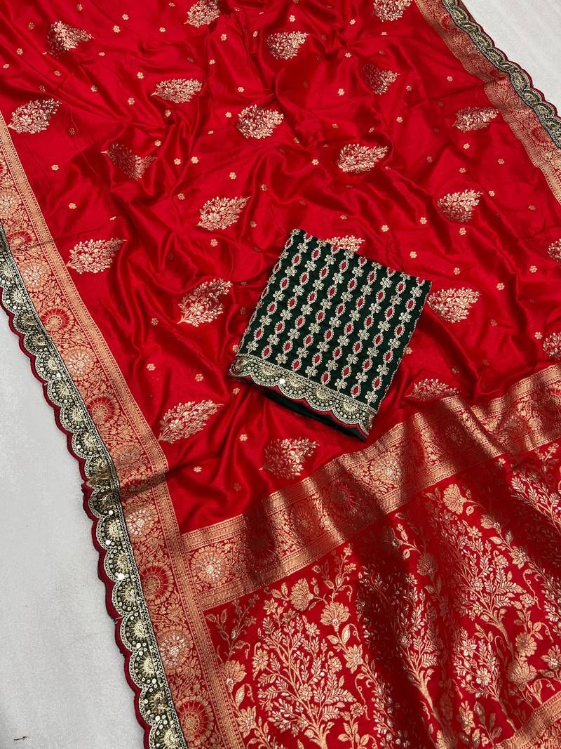 red designer dola silk blend saree
