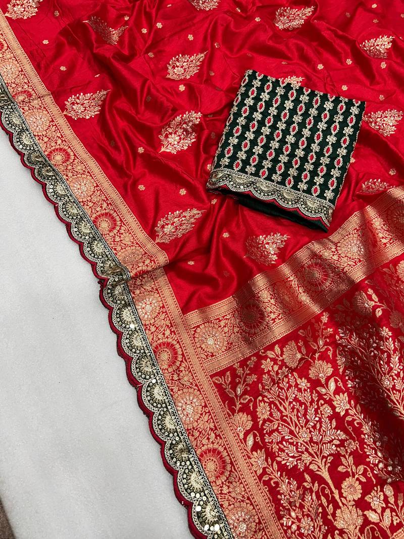 red designer dola silk blend saree