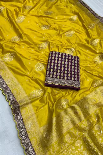 yellow designer dola silk blend saree