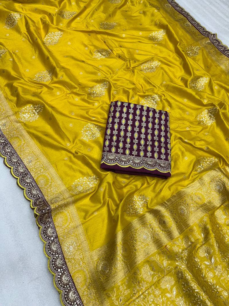 yellow designer dola silk blend saree