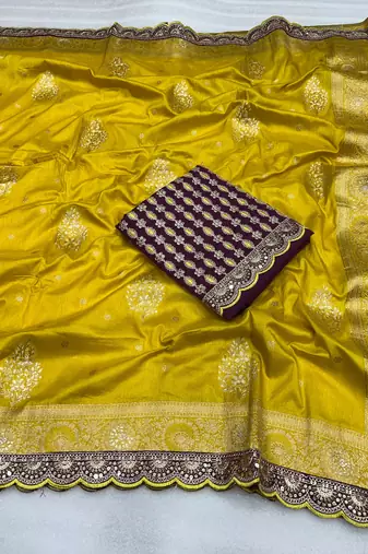 yellow designer dola silk blend saree