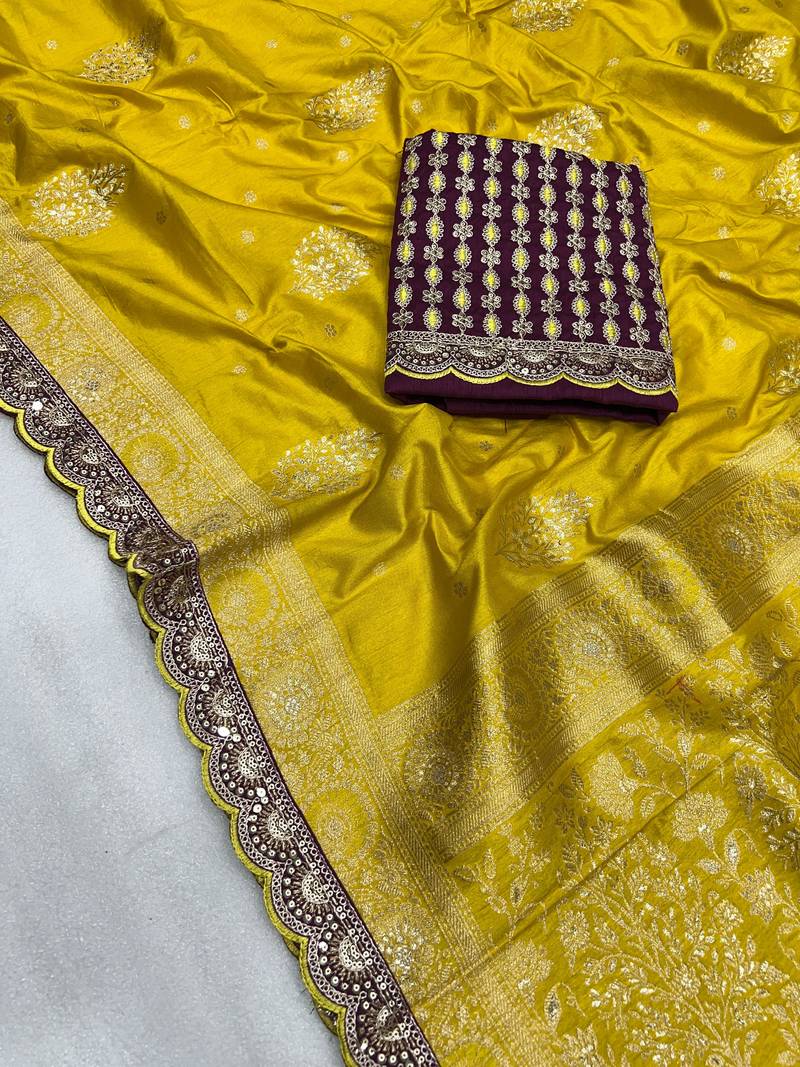 yellow designer dola silk blend saree