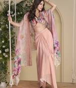 Amulya salmon multicolor embroidered silk long dresses