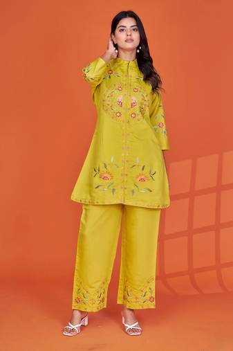Darika canary yellow embroidered viscose rayon co ord sets