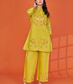 Darika canary yellow embroidered viscose rayon co ord sets