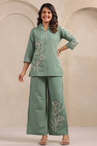 Sylvie fern green embroidered cotton co ord sets