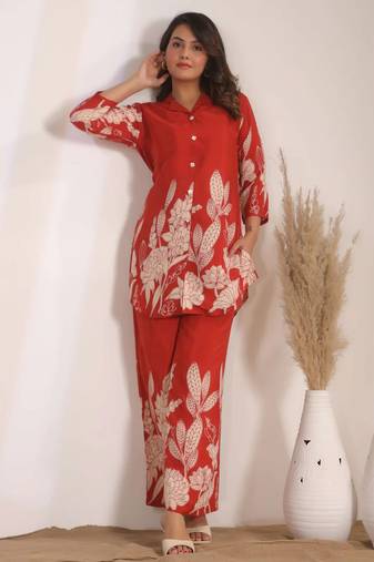 Sylvie scarlet red printed blended cotton co ord sets