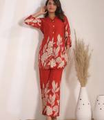 Sylvie scarlet red printed blended cotton co ord sets