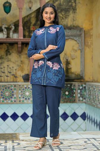 Sanjana hibis navy blue embroidered cotton co ord sets