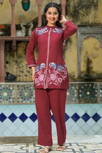 Sanjana burgundy burgundy embroidered cotton co ord sets