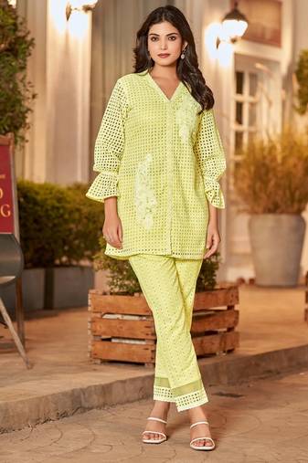 Iyana mellow yellow embroidered cotton co ord sets