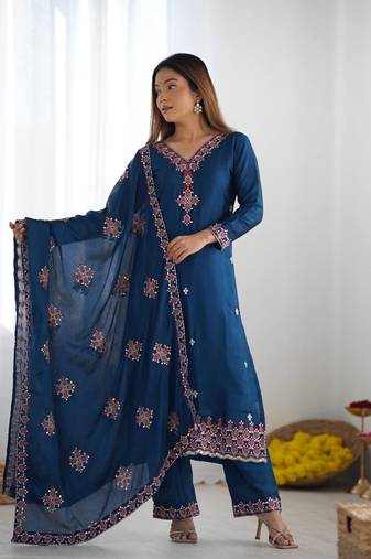 Blue Color Party Wear Stylish Suit Set Fully Stitched Kurti With Dupatta