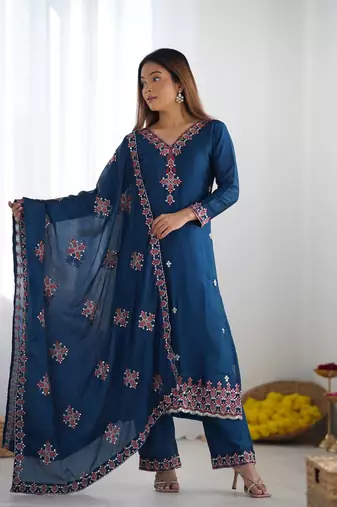 Blue Color Party Wear Stylish Suit Set Fully Stitched Kurti With Dupatta