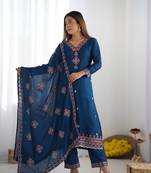 Blue embroidered Party Wear Stylish Suit Set Fully Stitched Kurti With Dupatta