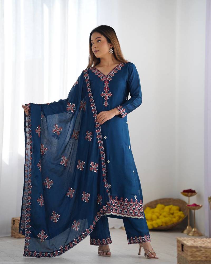 Blue Color Party Wear Stylish Suit Set Fully Stitched Kurti With Dupatta
