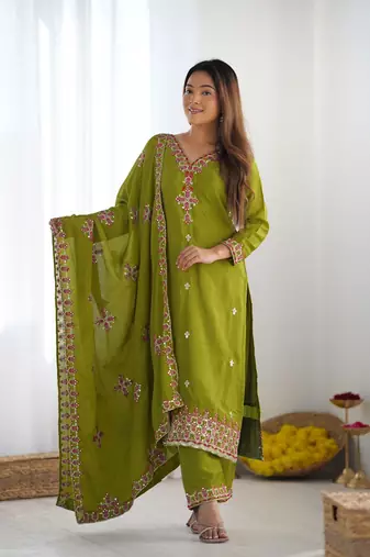 Green Designer Suit Set With Dupatta Stitched Kurti Set With Dupatta