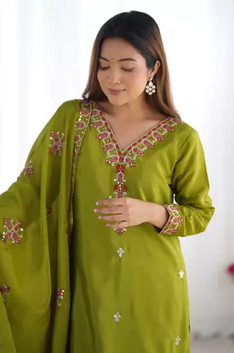 Green Designer Suit Set With Dupatta Stitched Kurti Set With Dupatta