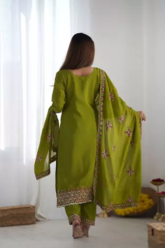 Green Designer Suit Set With Dupatta Stitched Kurti Set With Dupatta